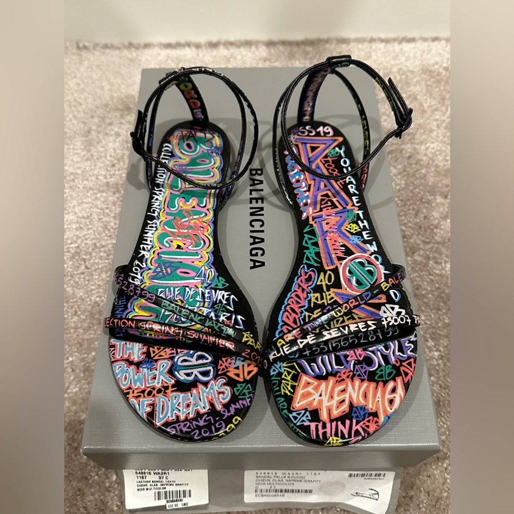 Balenciaga Black Flat Sandals with Grafitti